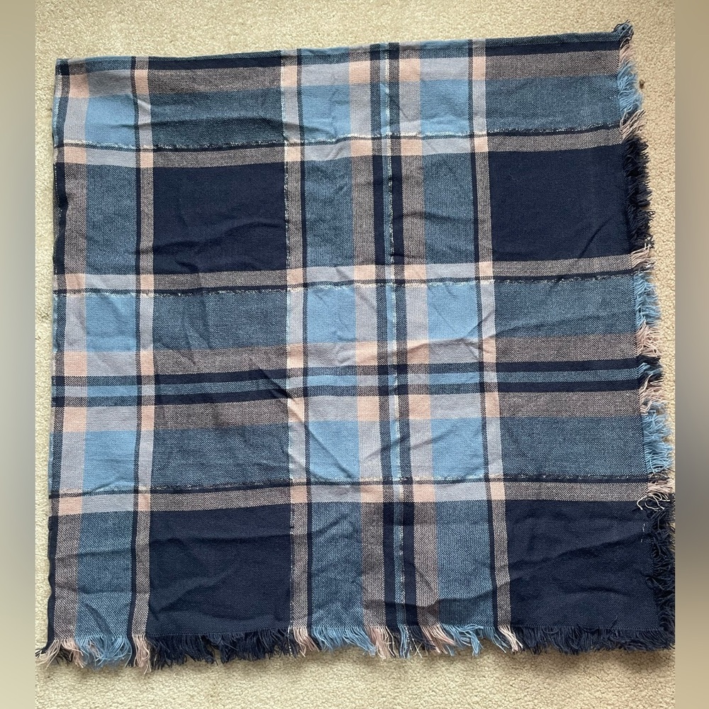 Blue and Beige Plaid Scarf with Fringe